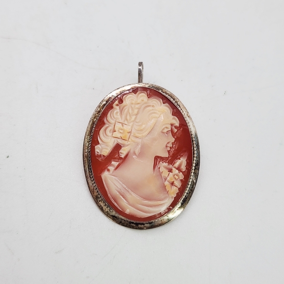 Vintage Sterling Silver Shell Cameo Brooch Pendant 925 Carved Lady Floral